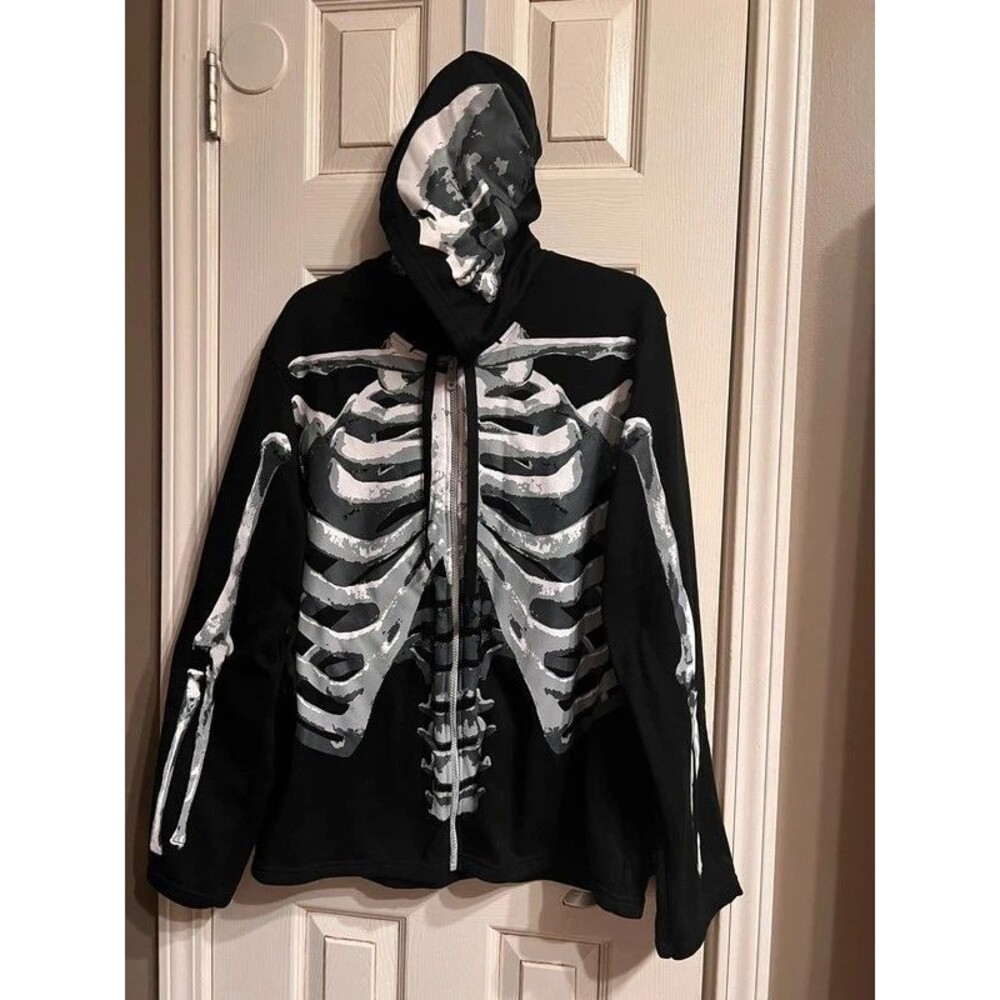 Amscan Skeleton Skull Halloween Costume Black Zip Up Hoodie Full Body Bone Print